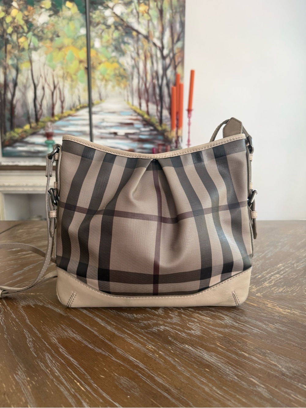 Burberry Beige Plaid Crossbody Bag with Black Accents